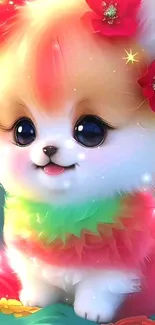 Adorable multicolored puppy with flowers in digital art style.