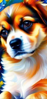 Vibrant digital art of a puppy with colorful floral background.