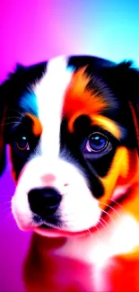 Colorful puppy on a rainbow background wallpaper.