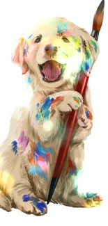 Playful puppy with paintbrush and colorful splashes.