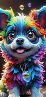 A colorful, happy puppy with rainbow fur and bubbles floating around.