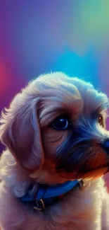 Cute puppy with colorful blurred background for phone wallpaper.