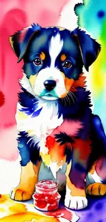 Watercolor art puppy with rainbow colors in splashes.