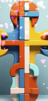 Colorful puzzle piece design with glowing hearts on a blue background.