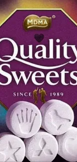 Colorful Quality Sweets wallpaper with bold design and vibrant purple theme.