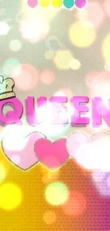 Vibrant queen theme wallpaper with pink hearts and crown decoration.