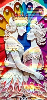 Two figures in colorful quilling art with rainbow backdrop.