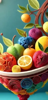 Colorful quilling fruit art with vibrant designs.