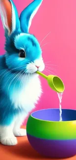 Artistic blue rabbit with colorful bowl and pink background.