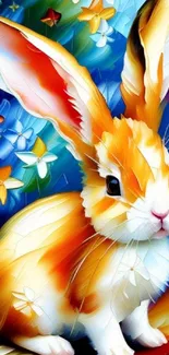 Colorful abstract rabbit art with vibrant flowers.