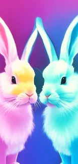 Colorful pink and blue rabbits on vibrant wallpaper.