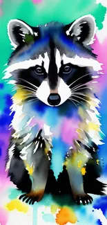 Vibrant watercolor raccoon with colorful background.