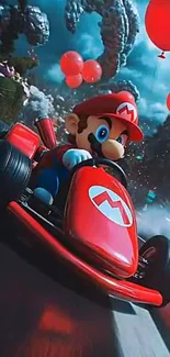 Iconic game character racing in colorful adventure scene.