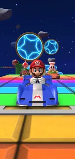 Vibrant kart racing scene with colorful characters under a starry sky.