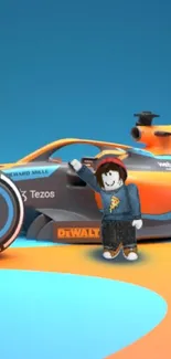 Futuristic orange and blue race car on a colorful background.