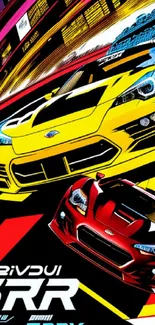 Vibrant racing cars on a colorful track wallpaper.