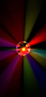 Vibrant abstract wallpaper with colorful light beams and central sphere.