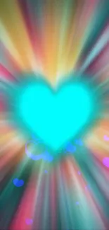 Vibrant turquoise heart with colorful light rays.