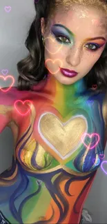 Vibrant rainbow body art with heart design on woman for mobile wallpaper.