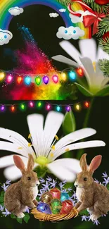 Cheerful wallpaper with rainbow, lights, flowers, and bunnies.