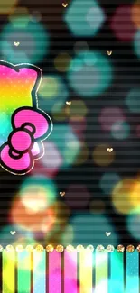 Colorful rainbow-striped cat wallpaper with hearts.