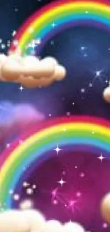 Mobile wallpaper with rainbows and fluffy clouds in a cosmic sky.