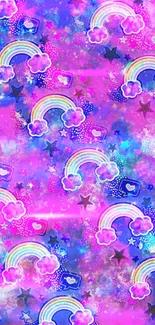 Vibrant wallpaper with rainbows, clouds, and stars in purple hues.