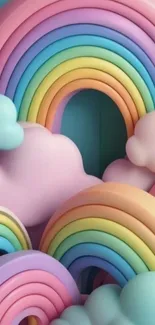 A colorful wallpaper with rainbows and fluffy clouds in pastel hues.