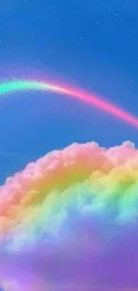 Vibrant rainbow cloud with blue sky background.