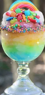 Colorful dessert in glass with rainbow and sprinkles.