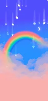 Colorful rainbow with clouds and moon in pastel sky.