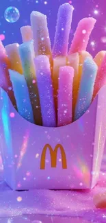 Colorful pastel fries in a dreamy setting with rainbow hues.