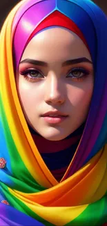 Vibrant mobile wallpaper of a woman in a colorful rainbow hijab.