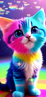 Adorable kitten with vibrant rainbow colors in a digital art style.
