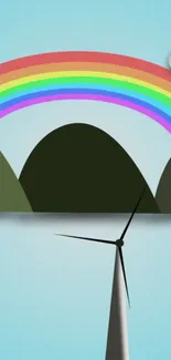 Mobile wallpaper of a rainbow over mountains with a wind turbine.