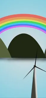 Rainbow over mountains with wind turbine in serene landscape.