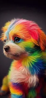 Colorful rainbow puppy with vibrant fur pattern.