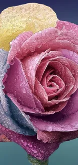 Dew-covered rainbow rose with vibrant colors.