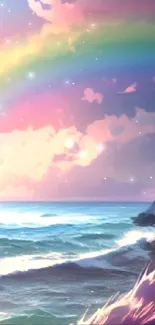 Vibrant rainbow over ocean at sunset with pastel sky hues.