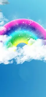 Rainbow and clouds in a bright blue sky wallpaper.