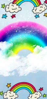 Colorful rainbow with stars and clouds on a light blue sky backdrop.