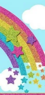 Glittering rainbow and stars on sky blue wallpaper.