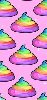 Vibrant rainbow swirl pattern on a pink background wallpaper.