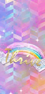 Colorful pastel chevron wallpaper with rainbow and 'Thrive' text.