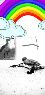 Colorful rainbow and clouds with a black and white turtle on a sandy beach.