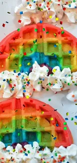 A vibrant rainbow waffle with whipped cream and sprinkles on a white plate.