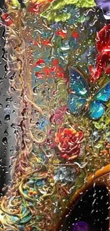 Vibrant artistic wallpaper with raindrops, flowers, and a butterfly.