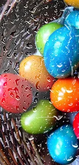 Colorful eggs in a basket with raindrops on glass, vibrant mobile wallpaper.