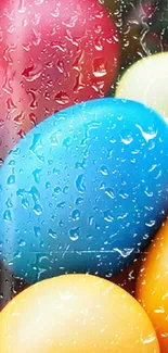 Colorful eggs with raindrops, perfect for vibrant wallpaper.