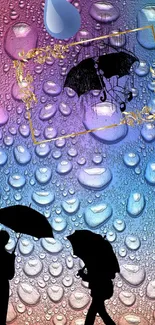 Colorful wallpaper with raindrop and umbrella silhouettes.